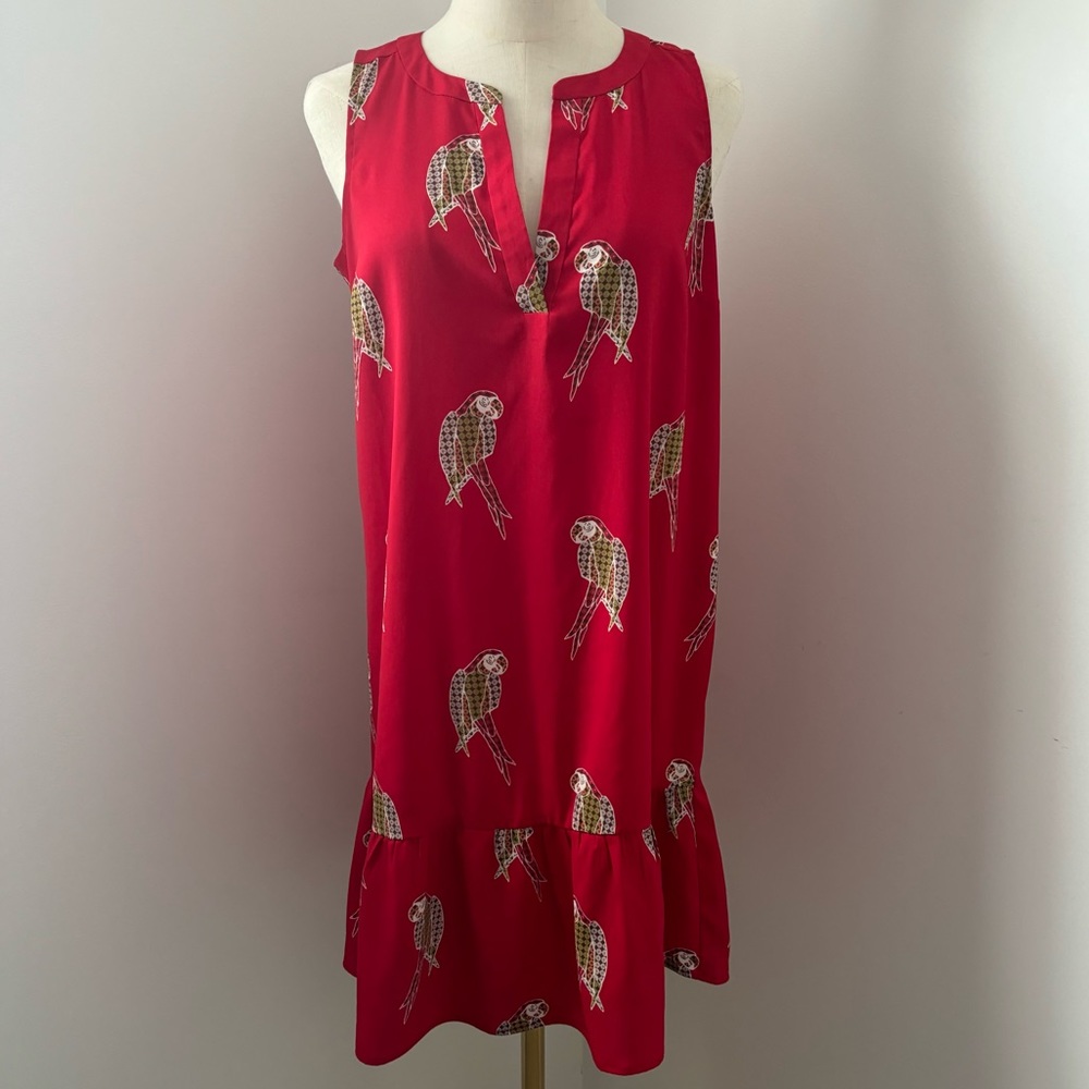 LOFT Red Sleeveless Parrot Print Split Neck Ruffle Bottom Mini Dress